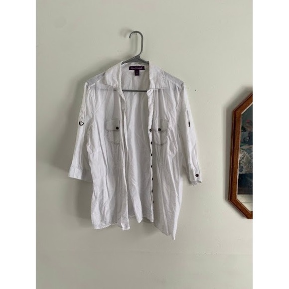 Gloria Vanderbilt White Cotton Button Down Roll Tab Sleeve Shirt Plus Size 1X - Picture 6 of 7